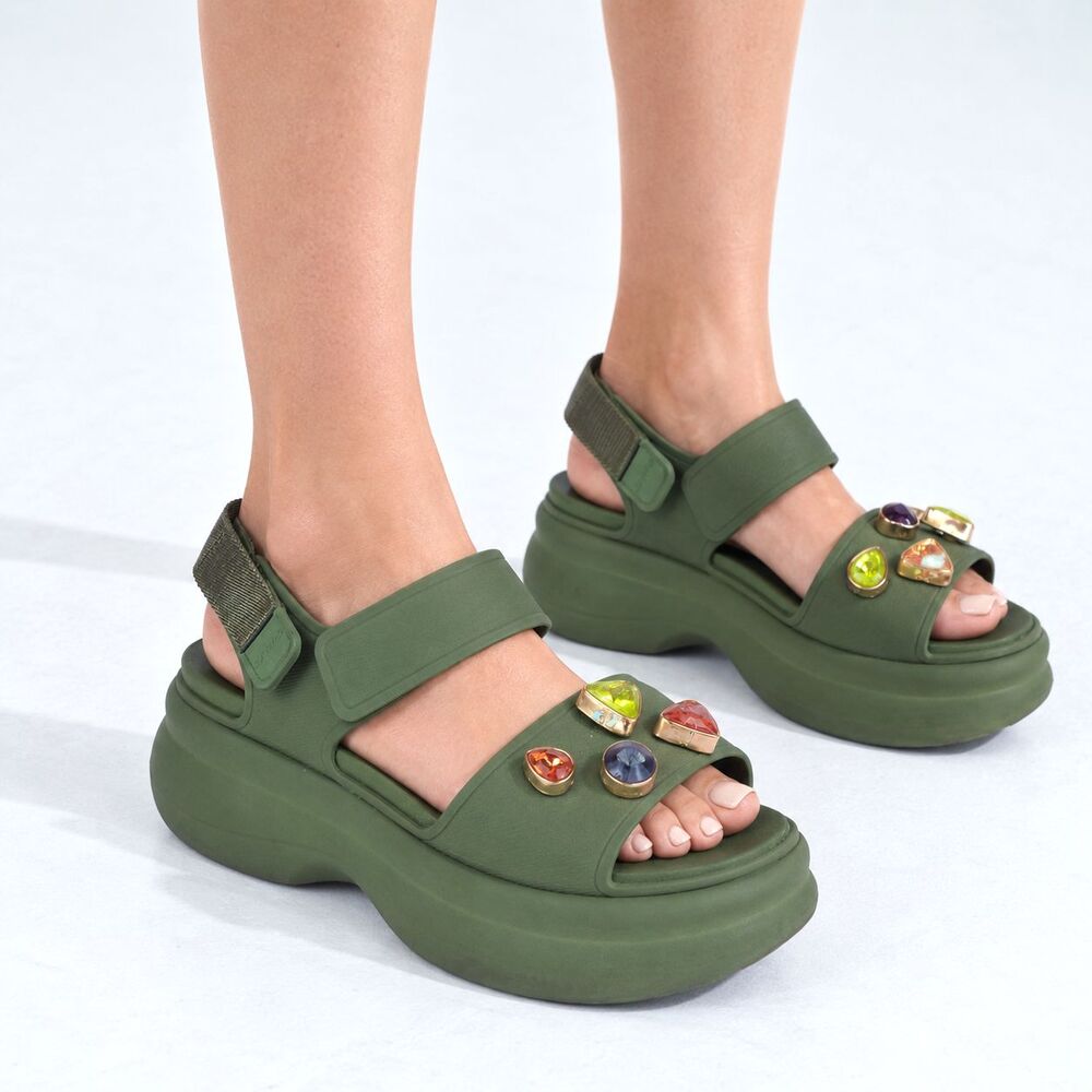 Crocs Soho Y Strap Sandals Womens 8 Army Green Platform Chunky Gem Charms Y2K